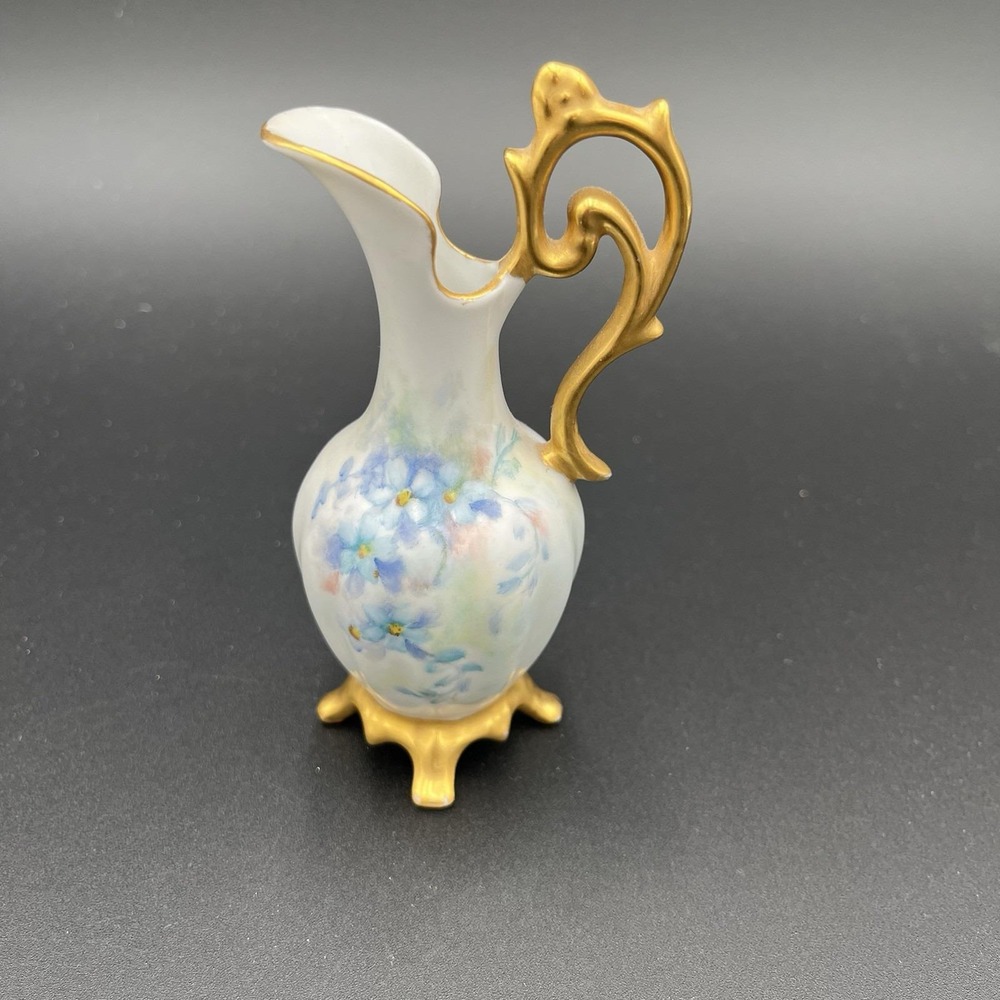 Hand Painted Gilt EWER DECANTER URN Floral Signed Home Decor Gold Gilding